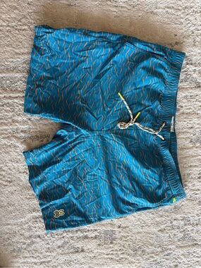 Psycho Bunny Teal Wave-Print Swim Trunks with Orange Accents
